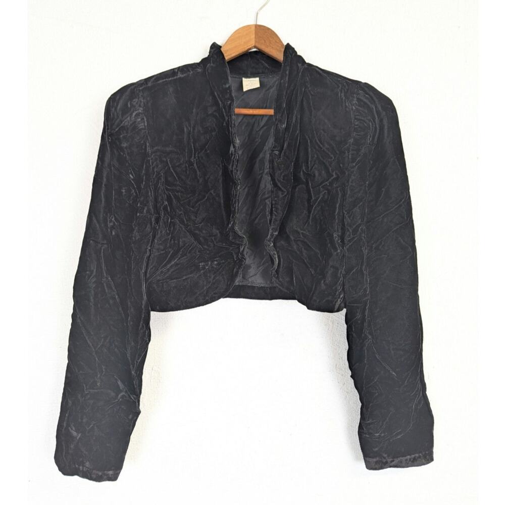 Vtg Crushed Velvet Cropped Jacket Bolero Black Long Sleeve Whimsigoth Prom Small